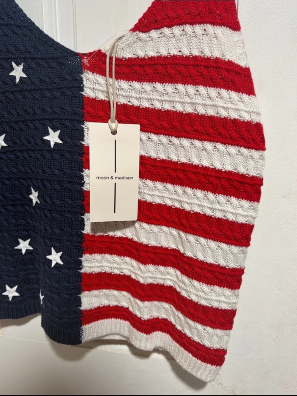 Moon & Madison Women’s Flag-Striped Cable Knit Cardigan - Red, White, Navy